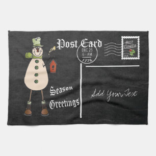 Chalkboard Style Green Snowman Postcard Design Tea Towel