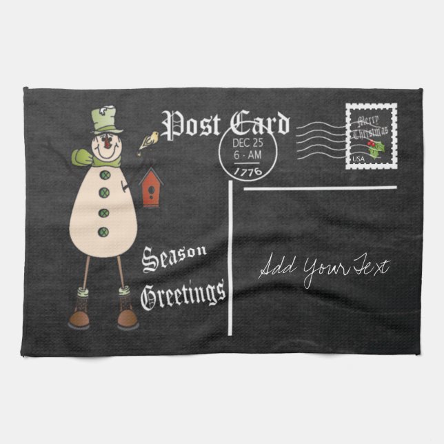 Chalkboard Style Green Snowman Postcard Design Tea Towel (Horizontal)
