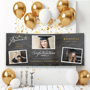 Chalkboard Stylish Script 3 Photo Graduation Party Banner
