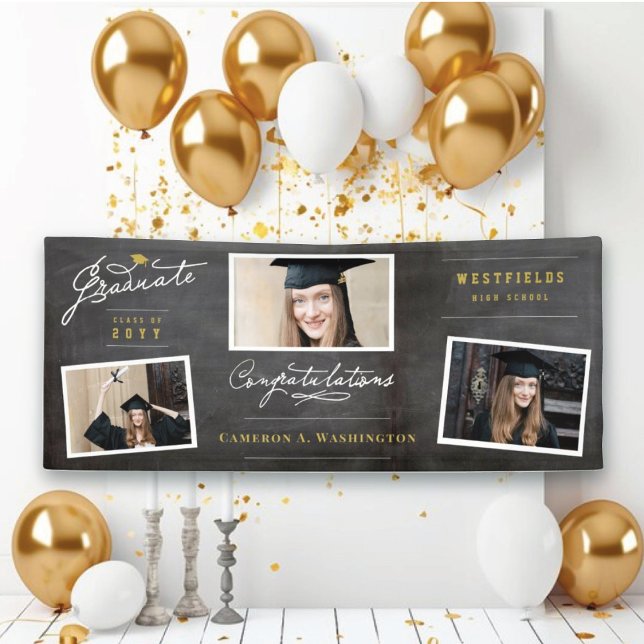 Chalkboard Stylish Script 3 Photo Graduation Party Banner (Chalkboard Graduate Script 3 Photo Modern Graduation Party Banner @ www.zazzle.com/color_therapy)