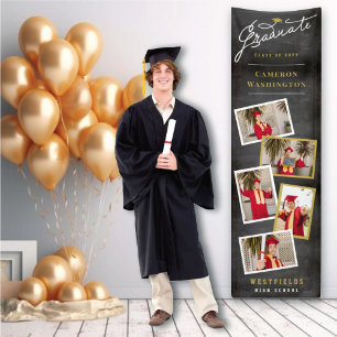Chalkboard Stylish Script 5 Photo Graduation Party Banner