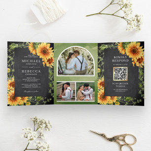 Chalkboard Sunflowers Photo Arch QR Code Wedding Tri-Fold Invitation
