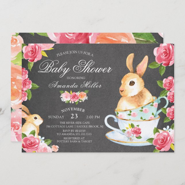 Chalkboard Sweet Bunny Baby Shower Tea Party Invitation (Front/Back)