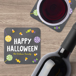 Chalkboard Sweet Candy Treats Happy Halloween Square Paper Coaster