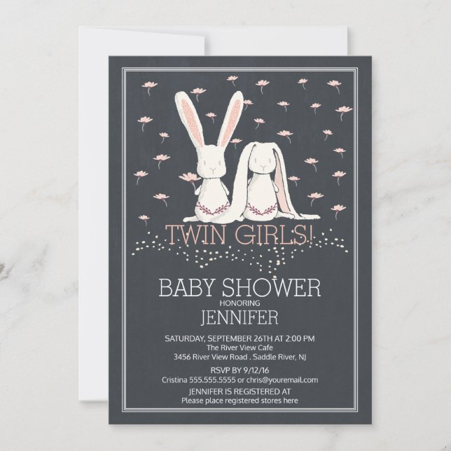 Chalkboard Sweet TWIN Girls Bunny Baby Shower Invitation (Front)