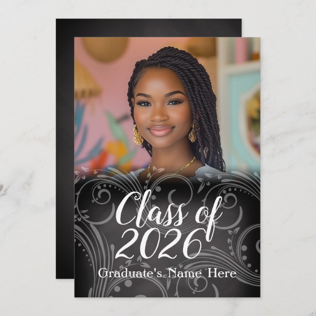 Chalkboard Swirl Class of 2021 Photo Graduation Invitation (Front/Back)