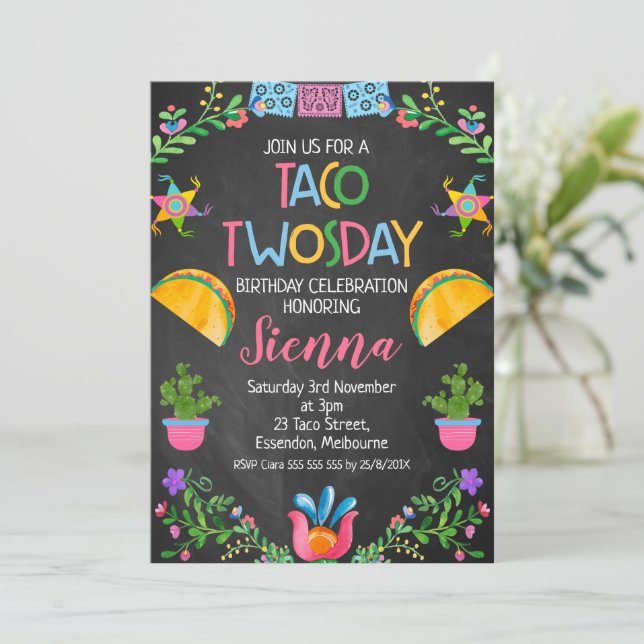 Chalkboard Taco Twosday Mexican 2nd Birthday Invitation (Standing Front)