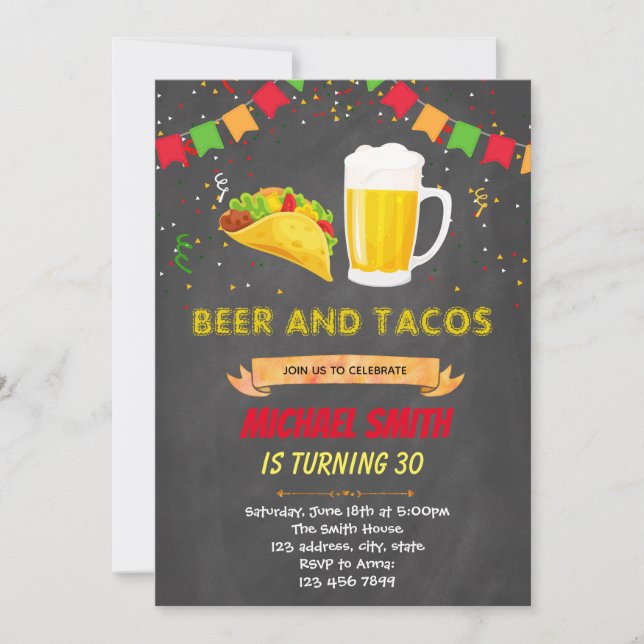 Chalkboard tacos beer birthday invitation (Front)