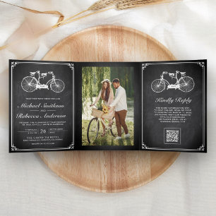 Chalkboard Tandem Bicycle Photo QR Code Wedding Tri-Fold Invitation
