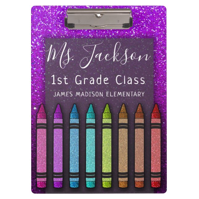 Chalkboard Teacher's Name Rainbow Glitter Crayons Clipboard (Front)
