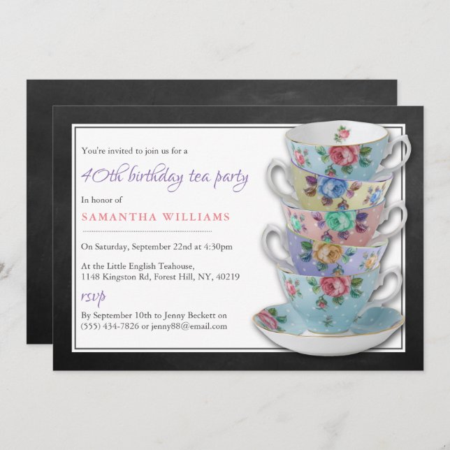 Chalkboard Teacups Birthday Tea Party Invitation (Front/Back)