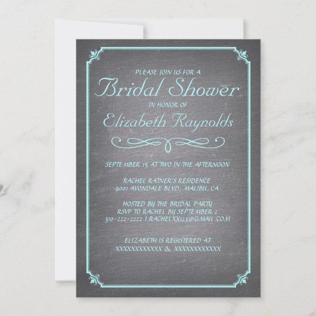 Chalkboard Teal & Silver Bridal Shower Invitations (Front)