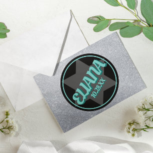 Chalkboard Teal Sparkly Name Logo Bat Mitzvah Note Card