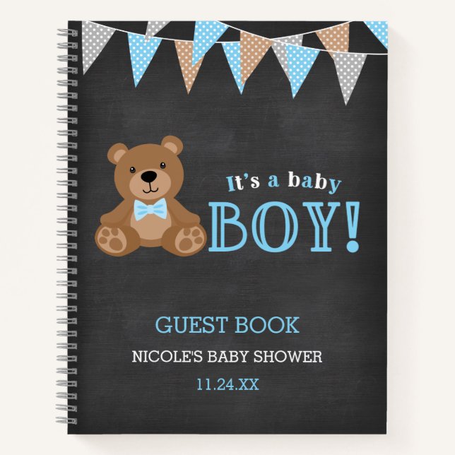 Chalkboard Teddy Bear Boy Baby Shower Guest Book (Front)
