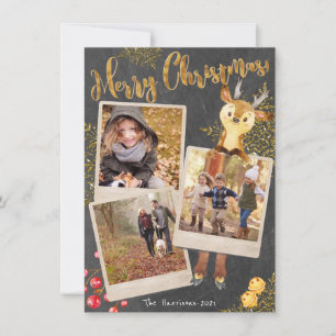 Chalkboard Three Photo Collage Christmas Holiday Card