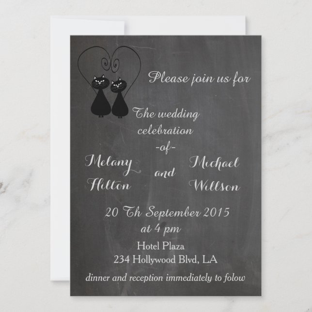 Chalkboard trendy funny cute cat couple wedding invitation (Front)