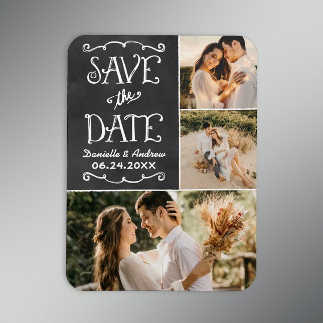 Chalkboard Triple Photo Collage Save the Date Magnet (Creator Uploaded)