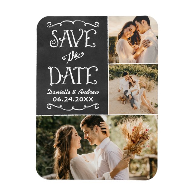 Chalkboard Triple Photo Collage Save the Date Magnet (Vertical)