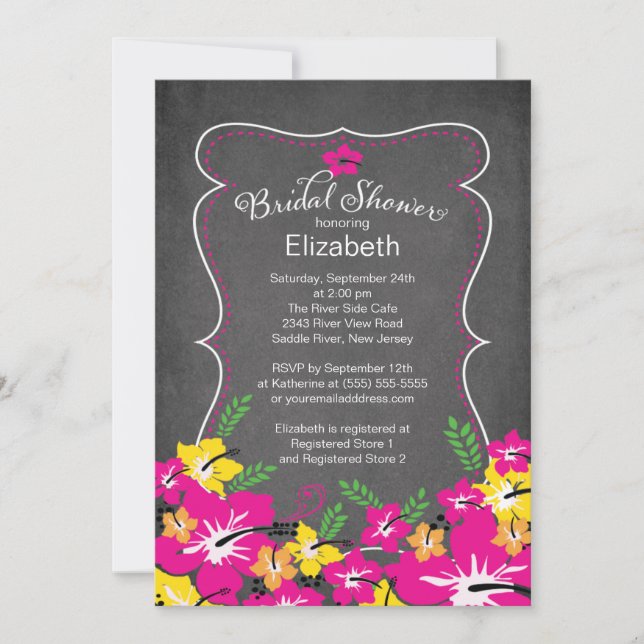 Chalkboard Tropical Hibiscus Flowers Bridal Shower Invitation (Front)