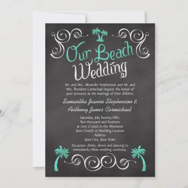 Chalkboard Turquoise Palm Tree Beach Wedding Invitation (Front)
