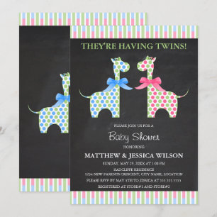 Chalkboard Twin Boy and Girl Giraffe Baby Shower Invitation