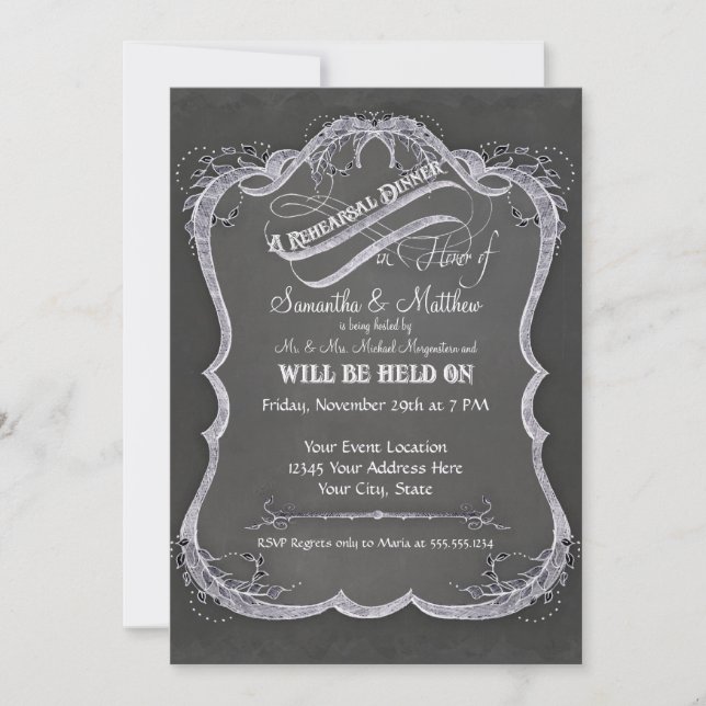 Chalkboard Typographic Leaf Swirl Rustic Wedding Invitation (Front)