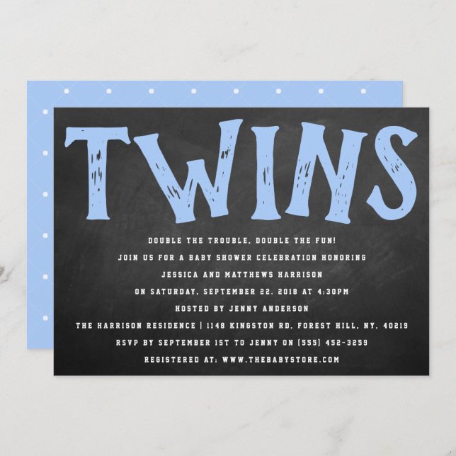 Chalkboard Typography Twin Boys Baby Shower Invitation (Front/Back)