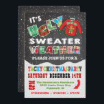 Chalkboard UGLY Christmas Sweater Invitations<br><div class="desc">Super cool and colourful,  this Tacky or Ugly Christmas Sweater Party features a sweater with a gingerbread man,  falling snow and fabric typography all on a chalkboard background. Great for a kids or adult holiday party! Hand drawn illustration by McBooboo.</div>