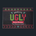 Chalkboard Ugly Christmas Sweater Nordic Knit Fun<br><div class="desc">“Welcome to our ugly sweater Christmas.” Decorate your entryway in “style” with this unique, fun custom personalised name holiday welcome mat! Nordic knit fair isle pattern of whimsical trees, reindeer, ornaments, along with playful “sweater” typography in red, green and aqua blue, overlay a chalkboard background. Add your family name or...</div>