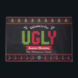 Chalkboard Ugly Christmas Sweater Nordic Knit Fun Doormat<br><div class="desc">“Welcome to our ugly sweater Christmas.” Decorate your entryway in “style” with this unique, fun custom personalised name holiday welcome mat! Nordic knit fair isle pattern of whimsical trees, reindeer, ornaments, along with playful “sweater” typography in red, green and aqua blue, overlay a chalkboard background. Add your family name or...</div>