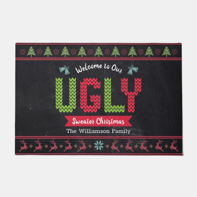 Chalkboard Ugly Christmas Sweater Nordic Knit Fun Doormat (Front)