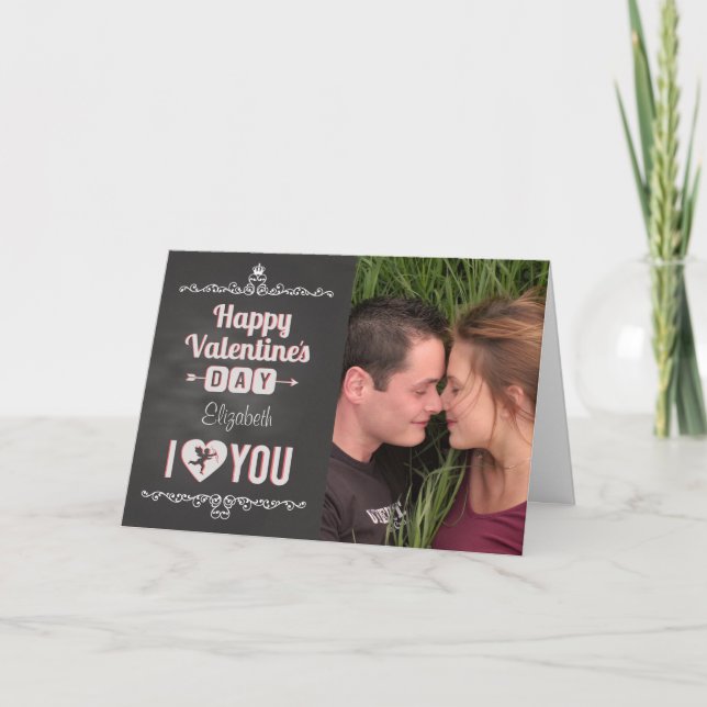 Chalkboard Valentine custom photo/name I Heart You Holiday Card (Front)