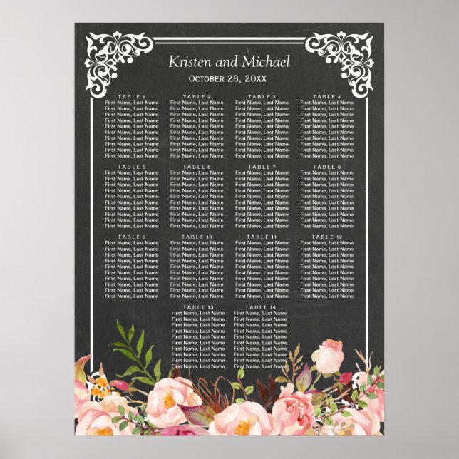 Chalkboard Vintage Floral Wedding Seating Chart (Front)