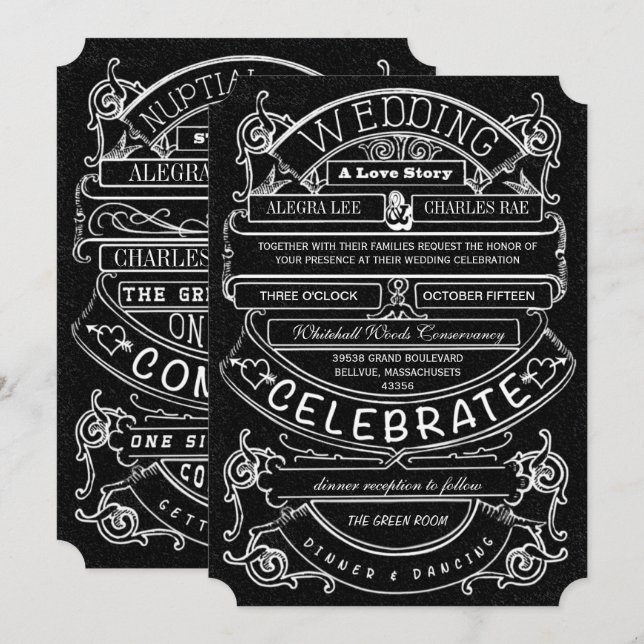 Chalkboard Vintage Modern Typography Wedding Invitation (Front/Back)