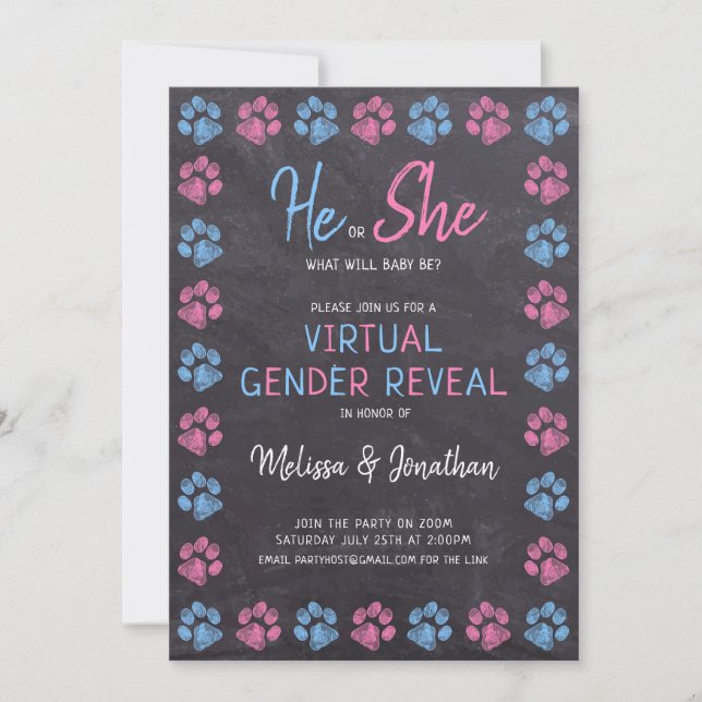 Chalkboard Virtual Gender Reveal Blue Pink Invitation (Front)