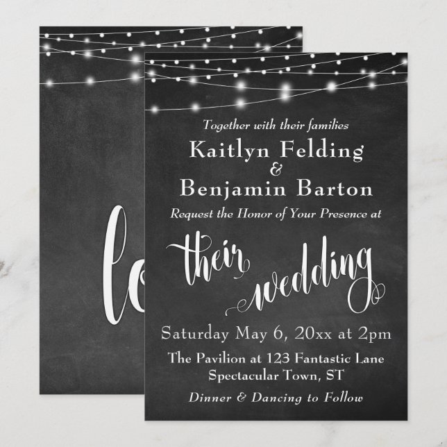 Chalkboard w/ String Lights, Typography Wedding Invitation (Front/Back)