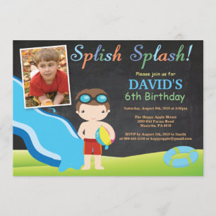 Chalkboard Water Slide Pool Birthday Party Boy Invitation