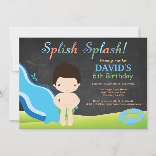 Chalkboard Water Slide Pool Birthday Party Invitation (Front)