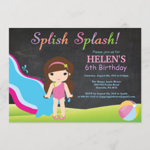 Chalkboard Water Slide Pool Birthday Party Invitation