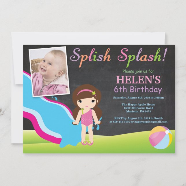 Chalkboard Water Slide Pool Birthday Party Invitation (Front)