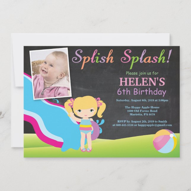 Chalkboard Water Slide Pool Birthday Party Invitation (Front)