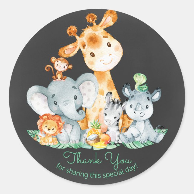 Chalkboard Watercol Cute Jungle Animals Thank You Classic Round Sticker (Front)