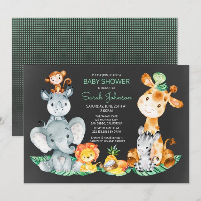 Chalkboard Watercol Cute Safari Jungle Baby Shower Invitation (Front/Back)