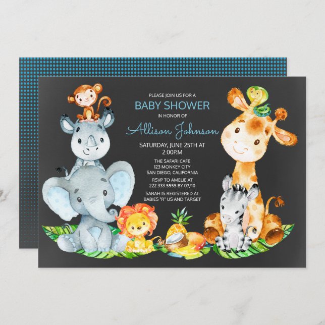 Chalkboard Watercol Cute Safari Jungle Baby Shower Invitation (Front/Back)