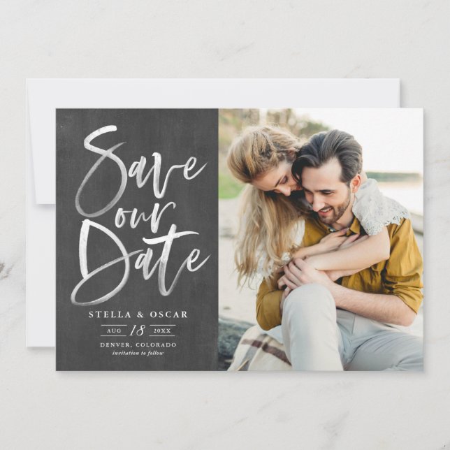 Chalkboard Watercolor Brush Calligraphy Photo Save The Date (Front)