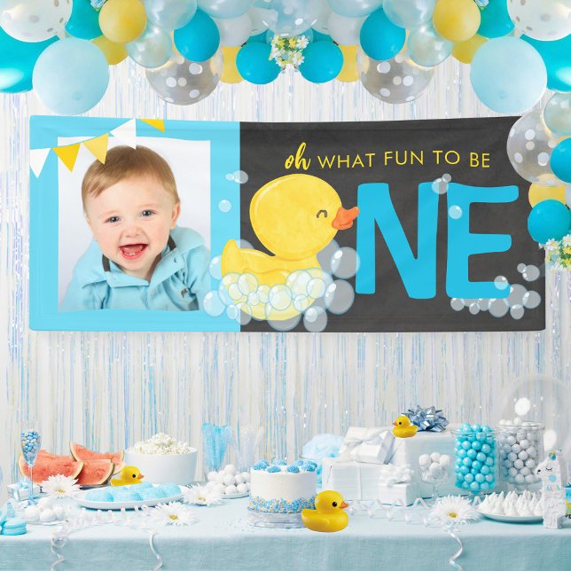 Chalkboard Watercolor Duck Oh What Fun Photo Party Banner (Chalkboard Watercolor Duck Oh What Fun Photo Party Banner for Ducky 1st Birthday Backdrop)