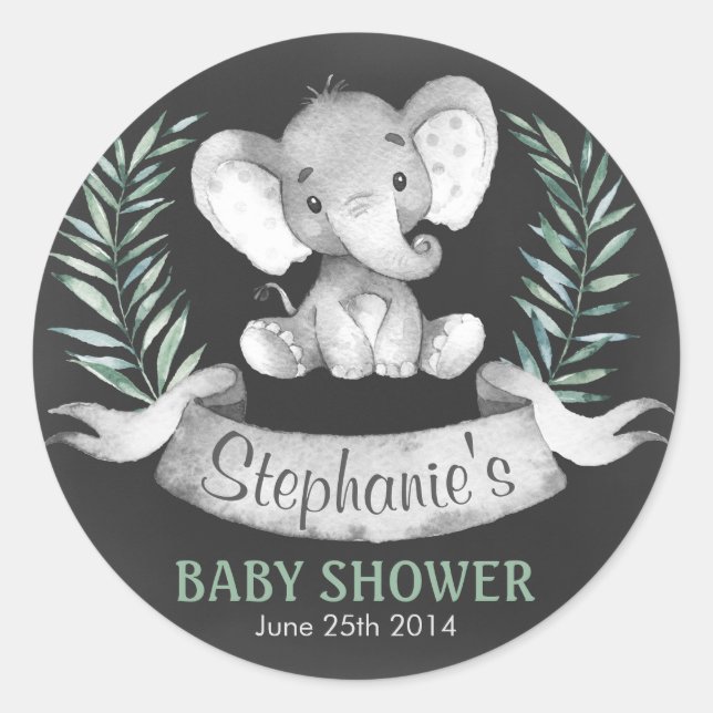 Chalkboard Watercolor Elephant Baby Shower Classic Round Sticker (Front)