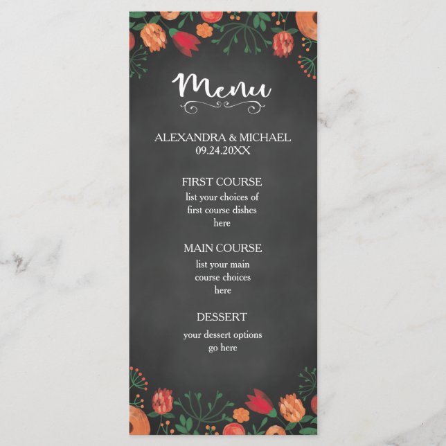 Chalkboard Watercolor Floral Orange Wedding Menu (Front)