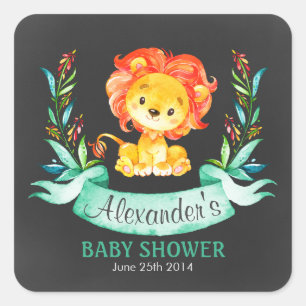 Chalkboard Watercolor Lion Baby Shower Square Sticker