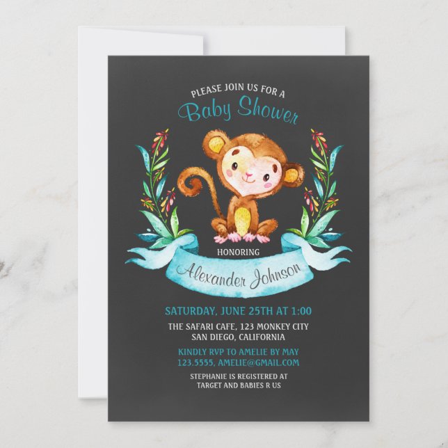 Chalkboard Watercolor Monkey Boy Baby Shower Invitation (Front)
